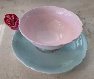 1930'S PARAGON FINE BONE CHINA w/ ROSE HANDLE CUP & SAUCER SET PINK & GREEN MINT - Bild 1 von 15