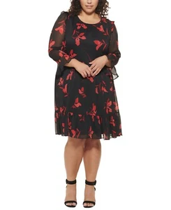 Calvin Klein Womens Floral Plus Size Ruffled Dress, Red/18W - Picture 1 of 2