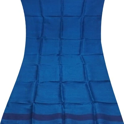 Vintage Blue 100% Pure Silk Handloom Sari Remnant 4YD Craft Fabric Silk Scrap - Image 1 of 4