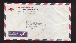 Cubierta de esquina de correo aéreo carbónico líquido años 60 Lima Perú enviada por correo a Dayton, Ohio - Imagen 1 de 2