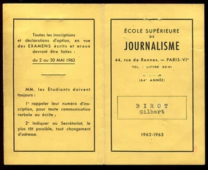 carte de l'école supérieur de journalisme . Paris 1962-1963 - Imagen 1 de 2