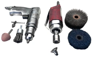 2 Druckluftwerkzeuge - Geradschleifer, Bohrmaschine mit Schraubenschlüssel/Schlüssel - Bild 1 von 16