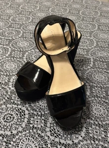 Coach Black Patent Leather Wedge Sandals with Ankle Strap Buckle Size 6.5 B - Picture 1 of 14