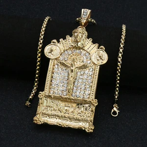 14k Gold Plated XL Last Supper Jesus Temple Pendant Cubic-Zirconia 24" Box Chain - Picture 1 of 6