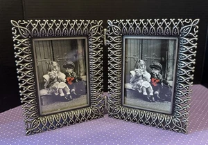 Marco de fotos vintage ornamentado de doble pantalla plateado metal 2,5 X 3,5 independiente - Imagen 1 de 4