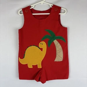 Vintage Red Romper Dinosaur Palm Tree 2T Fully Lined - Picture 1 of 6
