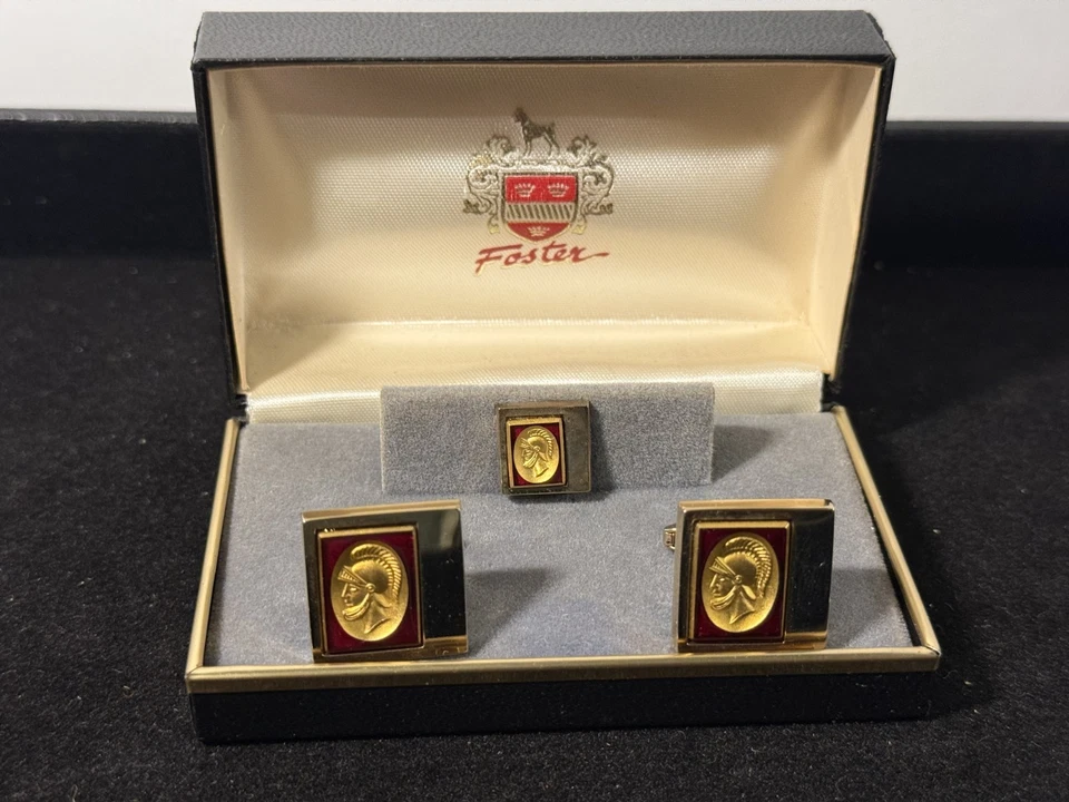 Juego de gemelos y corbata vintage Foster tono dorado, soldado romano, rojo-oro Foto 1 de 2