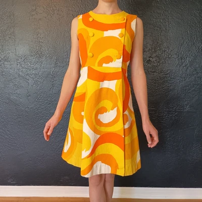 Vtg 50s 60s Mid Century Psychedelic Mod Gogo Dress Sz 6 Atomic Orange Hawaii - Image 1 of 4