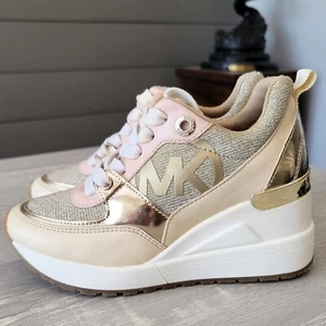 MK Michael Kors Kids Sneakers Neo Aster Cream Gold Shimmer Wedge Toddler 12 EUC - Picture 1 of 13