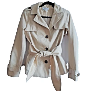 Giacca cappotto corto Zara stile trench bottoni beige misto cotone tasca cintura L - Foto 1 di 11
