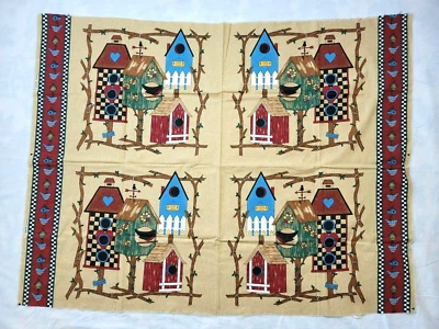 Folk Art Style Bird Houses Fabric Panel Home Tweet Home Country Plaid Border - Image 1 of 4