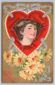 Postcard Embossed Valentine Woman in a Heart Many Flowers - Picture 1 of 2