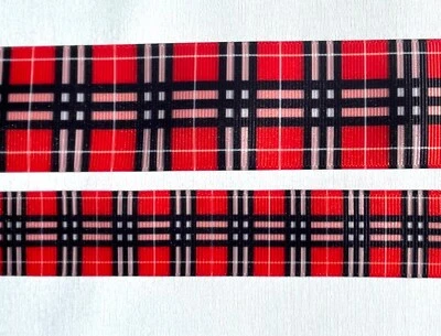 Preppy red black white plaid Grosgrain ribbon BTY  1” 1.5" - Image 1 of 2