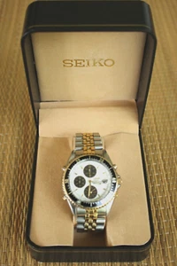 OROLOGIO CRONOGRAFO CRONOGRAFO SEIKO 150 PANDA CLASSICO COLORE COMBO TU-TONE SET IN SCATOLA - Foto 1 di 16