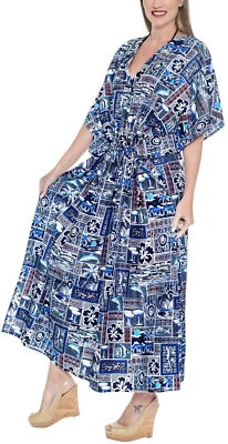 LA LEELA Women's Plus Size Caftan Nightwear Swimwear Dress US 14-22W Blue_M689 - Image 1 of 3