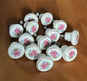 Set 14 Vintage Porcelain Pink Flower& Cornflower Bouquet 1” Draw Pulls Gold Trim - Picture 1 of 14