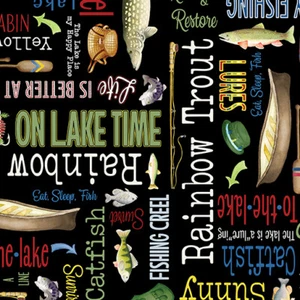 Lakeside Words Black of Keep It Reel Fishing Collection Cotton Fabric BT 1/2 Yrd - Picture 1 of 1