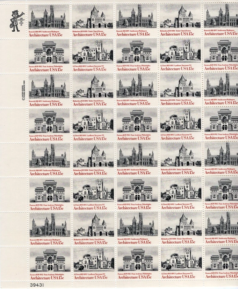 1980 15 cent Architecture Full Sheet of 40 Scott #1838-1841, Mint NH - Image 1 of 1