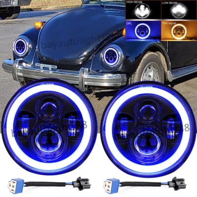 2×7"Inch Round LED Headlight Hi/Low Beam Blue Halo DRL  Fit VW Beetle 1950-1979  - Image 1 of 4