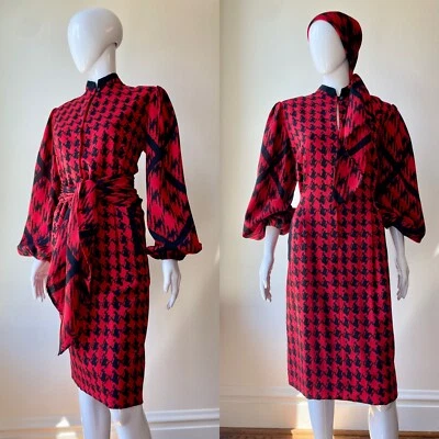 Vestido Pauline Trigere Vintage 14 L XL Raro Pata de Gallo Vaina Lana Años 80 En muy buen estado Leer Foto 1 de 4