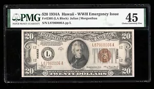 DBR 1934-A $20 FRN Hawaii LA Block Fr. 2305 PMG 45 Serial L87960006A - Picture 1 of 2