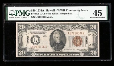 DBR 1934-A $20 FRN Hawaii LA Block Fr. 2305 PMG 45 Serial L87960006A - Image 1 of 2