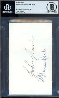 Warren Spahn Johnny Sain Beckett BAS Signed 3x5 Index Card Autograph - Image 1 of 2