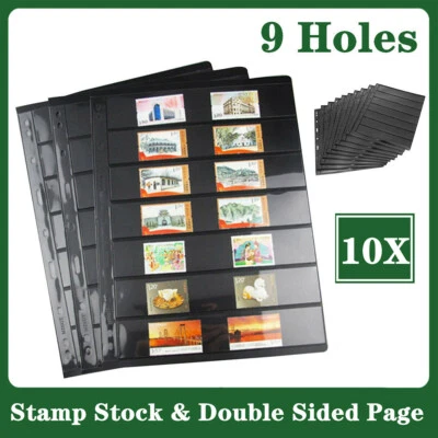 10 hojas de páginas de stock de sellos con 9 orificios de carpeta negro y pantalla de doble cara Foto 1 de 4