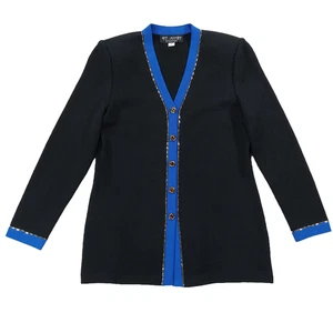 ST. JOHN Collection Knit Cardigan Sweater Sz 4, Gold Beaded, Black/Blue Piped - Picture 1 of 10