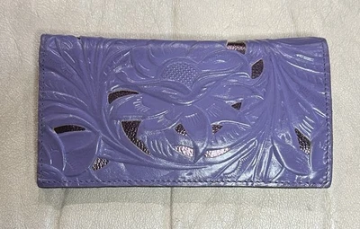 Cartera Patricia Nash Evelyn Recortada Cuero Tooled RFID Doble Plegable Púrpura Amatista Nueva con Etiquetas Foto 1 de 4