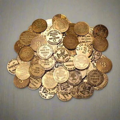 JONES PEAK Brothel Solid Brass Tokens With Raised Lettering (Set Of 6 Assorted Tokens)