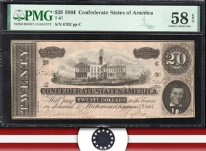 T-67 1864 $20 CONFEDERATE CURRENCY PMG 58 EPQ CIVIL WAR BILL 6702 - Picture 1 of 3