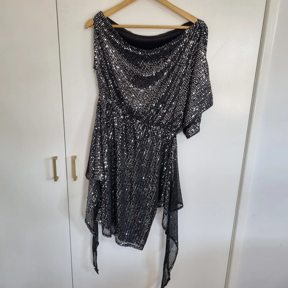 Women's 12-14 Black Sequin Wrap Evening Mini Dress stretch waist party cocktail - image 1 of 4