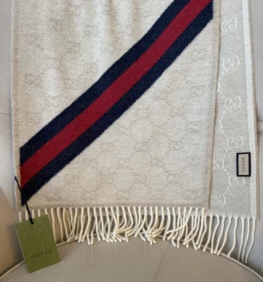 GUCCI Nuevo Nikky Lana GG Monograma Bufanda/Borla/Marfil/Beige 570603 3G200 Nuevo con Etiquetas Foto 1 de 4