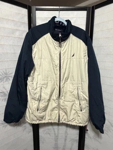 Nautica Men’s Bomber Jacket Size L Beige Navy Fleece Lined Full Zip Outdoor Coat - Picture 1 of 14
