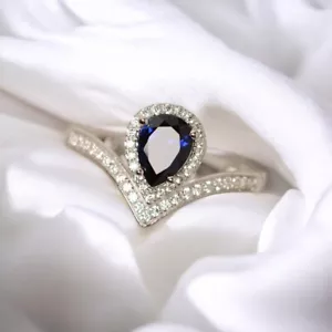 1.50 Ct Pear Cut Natural Sapphire & Real Engagement Ring 14k White Gold Size 7 - Picture 1 of 7