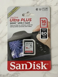 SanDisk 16GB Ultra Plus SDHC Class 10 SD Flash Memory Card 80MB/s Camera Drone - Picture 1 of 6