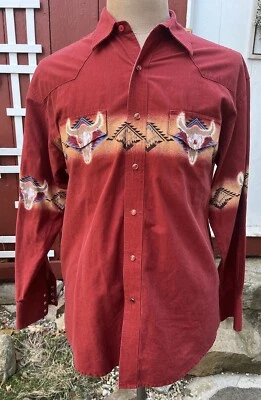 Vintage Wrangler Western Shirt Red Pearl Snap Button Steer Bull Cowboy  Size XL - Image 1 of 4