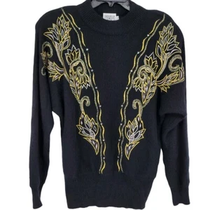 Vintage 80's Angora Blend Black Sweater Medium Gold Embroidery Beads Rhinestones - Picture 1 of 3