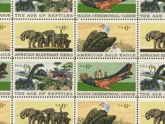 US 6¢ Eagle Dinosaur Canoe Elephant Postage Stamps #1387-90 Mint Pack of 100 - Image 1 of 1