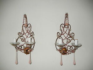 ~c 1920 French RARE  Beaded Pink Opaline One~of~ a~ Kind  Sconces~