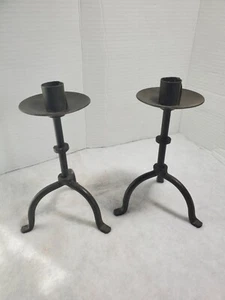 2 Wrought Iron Brutalist Industrial Primitive Colonial Taper Candlestick Holders - Picture 1 of 6