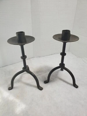 2 Wrought Iron Brutalist Industrial Primitive Colonial Taper Candlestick Holders - Image 1 of 4