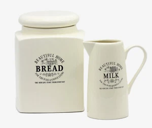 Storage Box Lunch Box Milk Jug Set of 2 Tins Beautiful Home Stoneware Country House - Picture 1 of 24