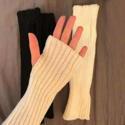 New Women Arm Warmers Japanese White Black Goth Knitted Kawaii Fingerless Gloves - Image 1 of 4