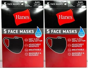 10 Pack Hanes Face Masks - Black Cotton Reusable Cover Face mask Cloth Facemask - Picture 1 of 3