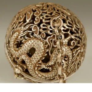 Antique Hand Carved Tibet Silver Copper Dragon Phoenix Statue Incense Burner - Picture 1 of 5