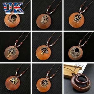 Retro Ethnic Round Wooden Leaf Owl Long Sweater Chain Necklace Women Pendant - Picture 1 of 20