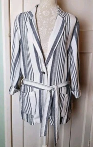 Nutmeg Ivory White Striped 3/4 Sleeve Belted Linen Blend Blazer Cardigan Size 12 - Picture 1 of 4