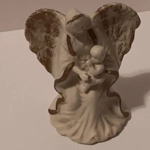 Angel And Child Ceramic Statue, Vintage Golden Outline and White Guardian Angel - Picture 1 of 15